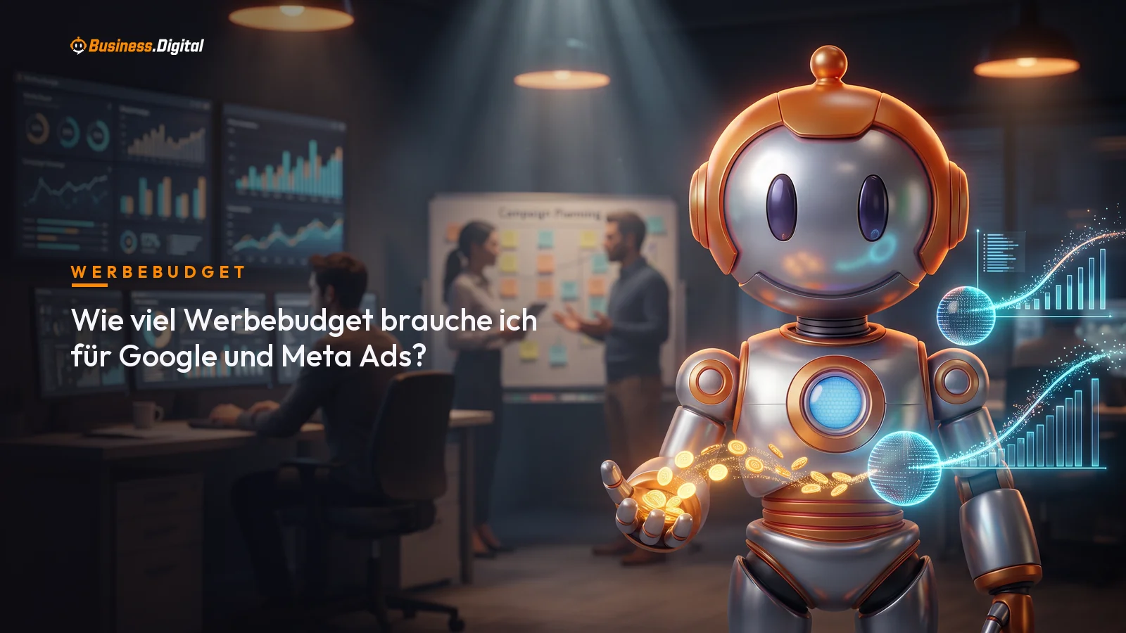 Roboter leitet Münzen in zwei Kampagnen-Sphären mit Lernkurven – Werbebudget für Google und Meta Ads