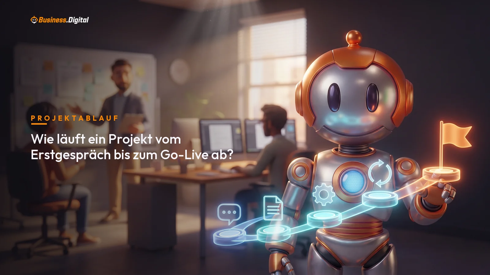 Roboter geht einen Pfad aus fünf Stationen ab – Projektablauf vom Erstgespräch bis zum Go-Live