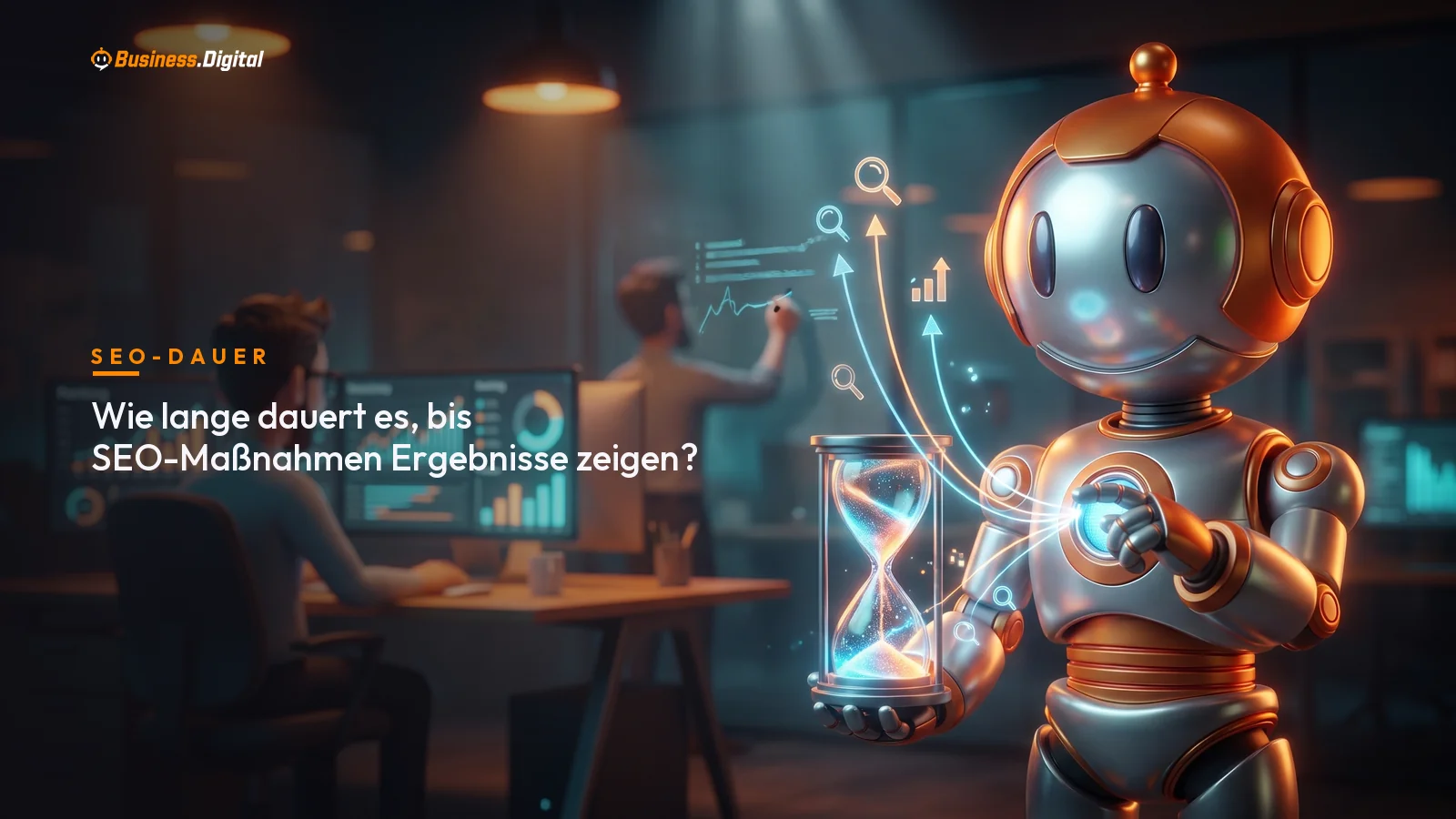 Roboter mit Sanduhr und drei unterschiedlich steilen Kurven – wie lange SEO bis zu Ergebnissen braucht