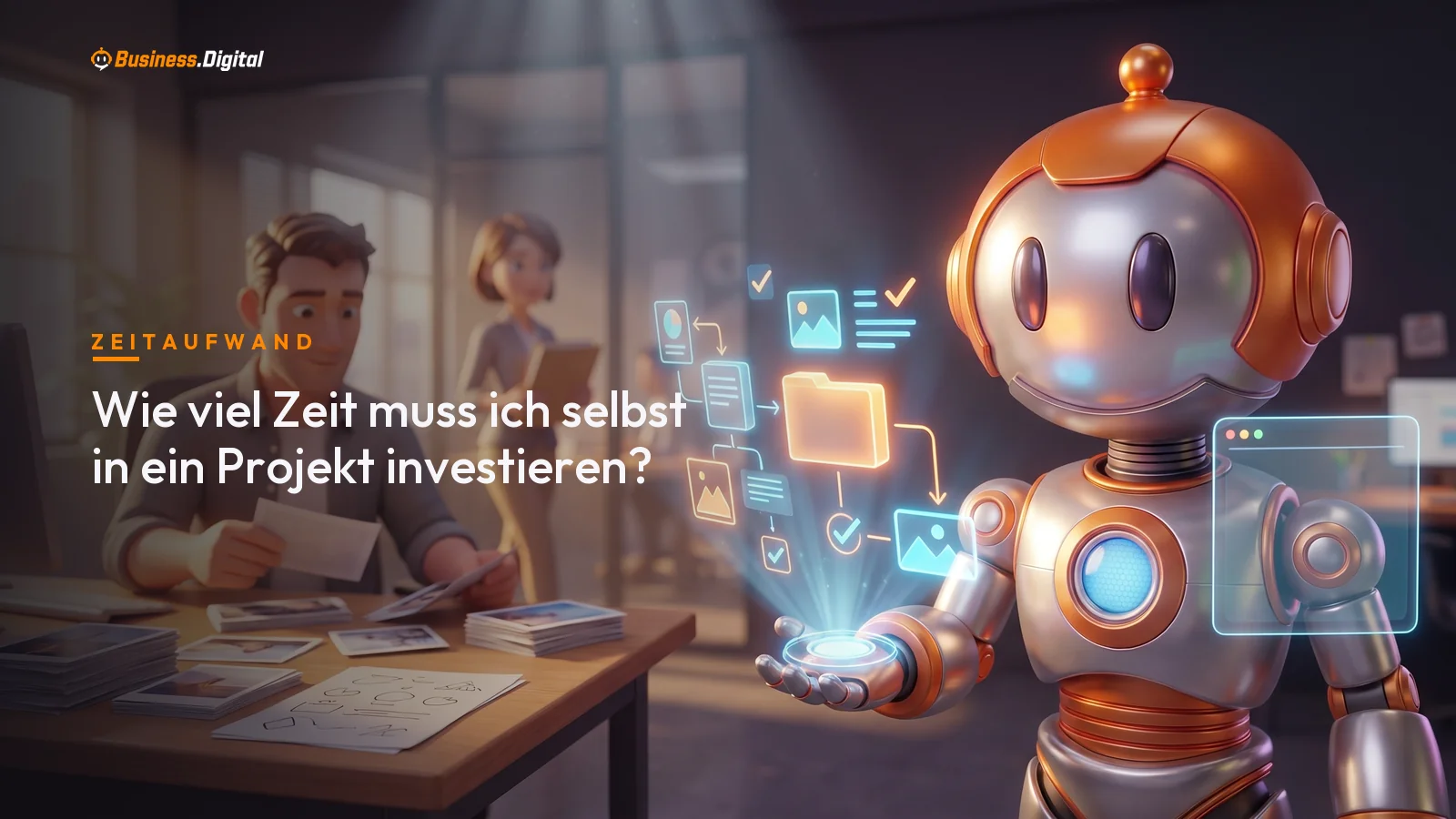 Roboter balanciert eine Uhrscheibe, aus der Inhalte ins Projekt fließen – eigener Zeitaufwand im Projekt