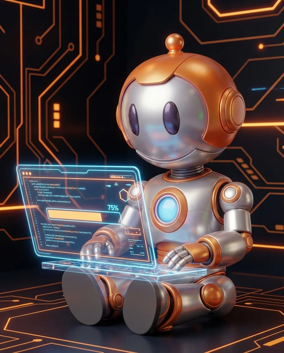 Robot hält Skizze einer Benutzeroberfläche mit schematischen Elementen als Wireframe