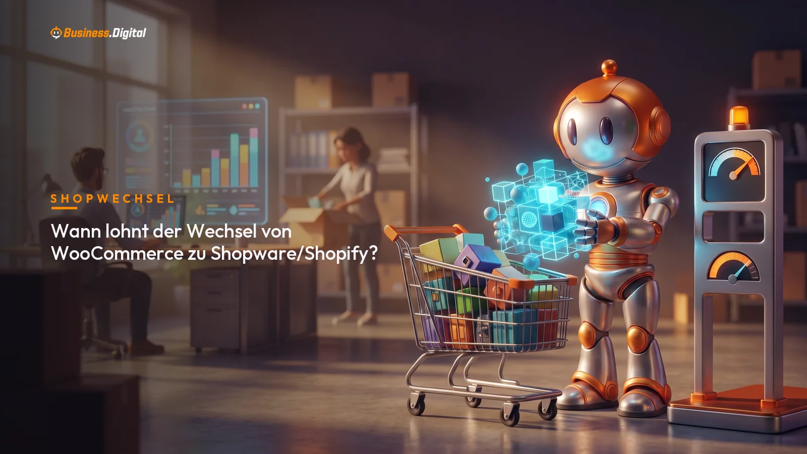 Roboter hebt Produktdaten aus einem wackeligen WooCommerce-Wagen in eine neue Shop-Plattform