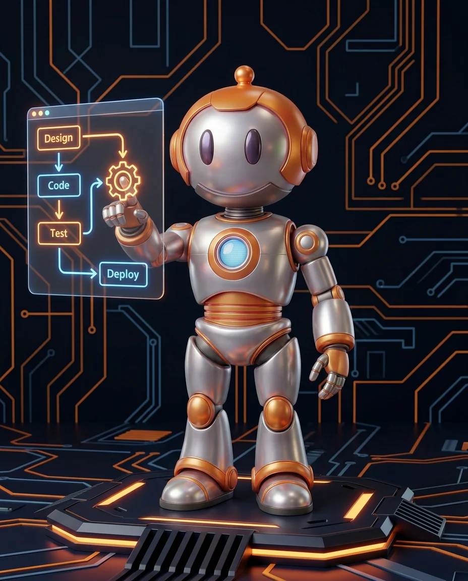 Robot zeigt auf Whiteboard mit Prozessfluss-Diagramm und Pfeilen zwischen Schritten