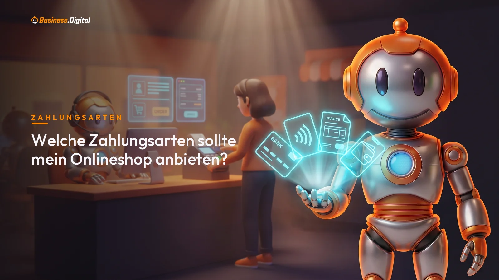 Roboter fächert Zahlungs-Token wie Karte, Wallet und Rechnung auf – Zahlungsarten im Onlineshop