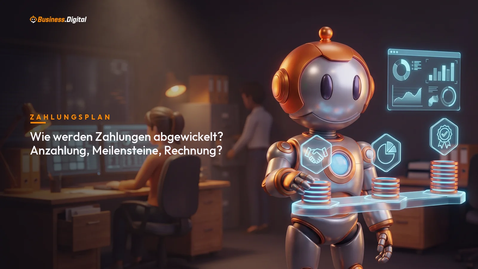 Roboter setzt Münzstapel auf drei Meilenstein-Marker – Zahlungen per Anzahlung und Meilensteinen