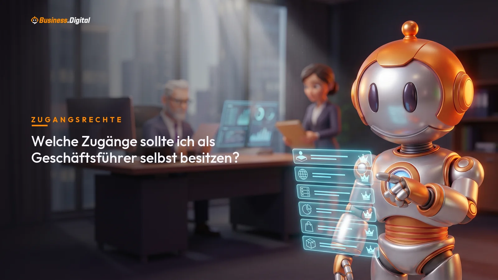 Roboter geht Checkliste mit Plattform-Token und Eigentümer-Krone durch – Zugänge selbst besitzen