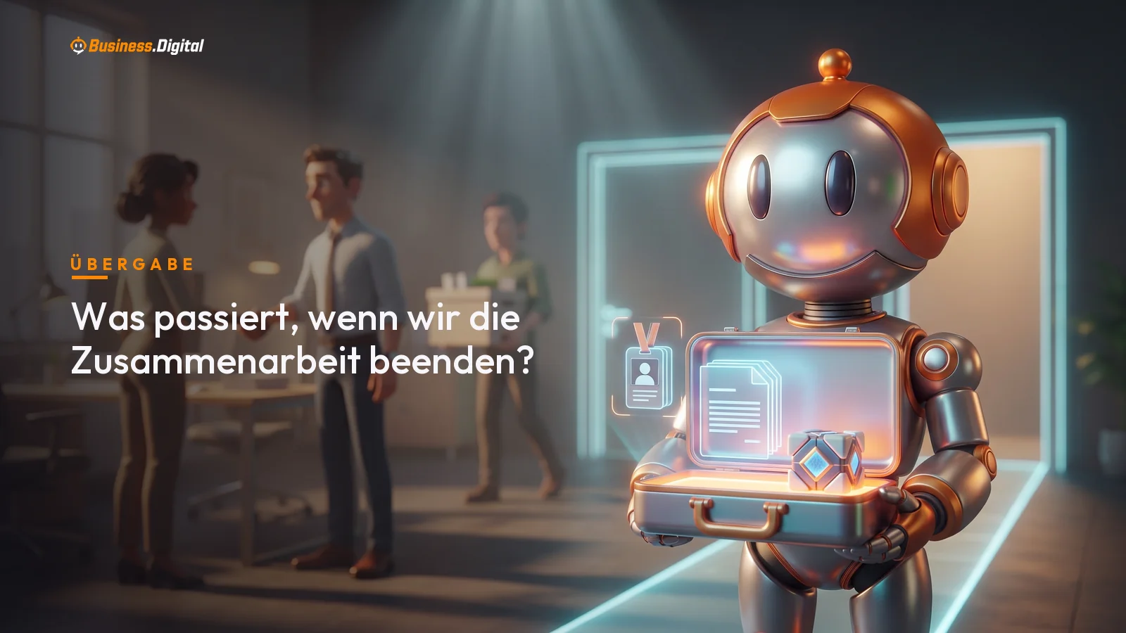 Roboter übergibt Koffer mit Zugängen, Doku und Repository – Übergabe beim Ende der Zusammenarbeit