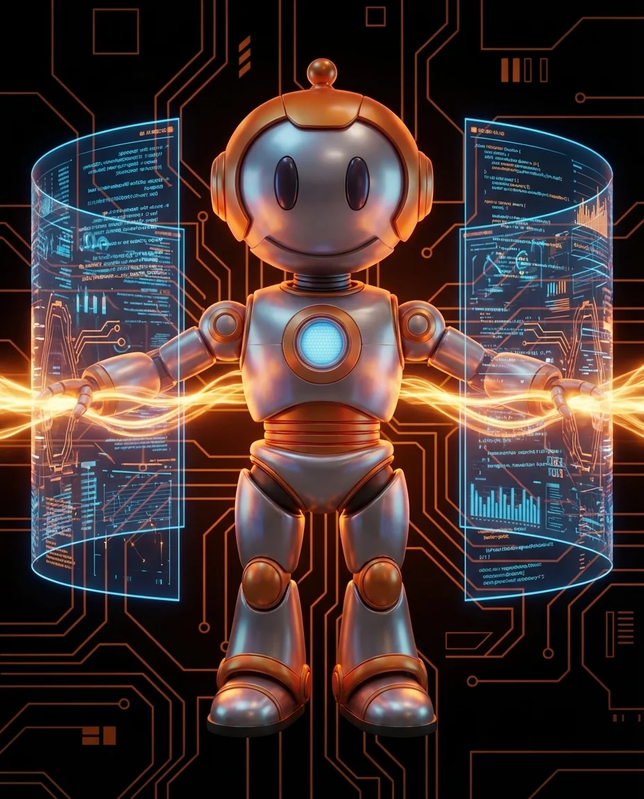 API-Schnittstellen erklärt: Roboter verbindet zwei leuchtende Systeme