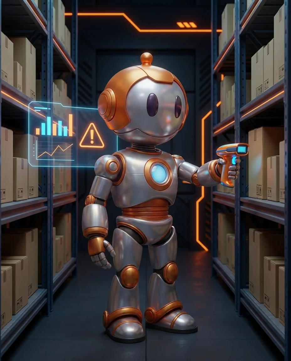 Roboter mit Scanner und Bestands-Dashboard zeigt automatisierte Lagerverwaltung mit Alerts im Regallager