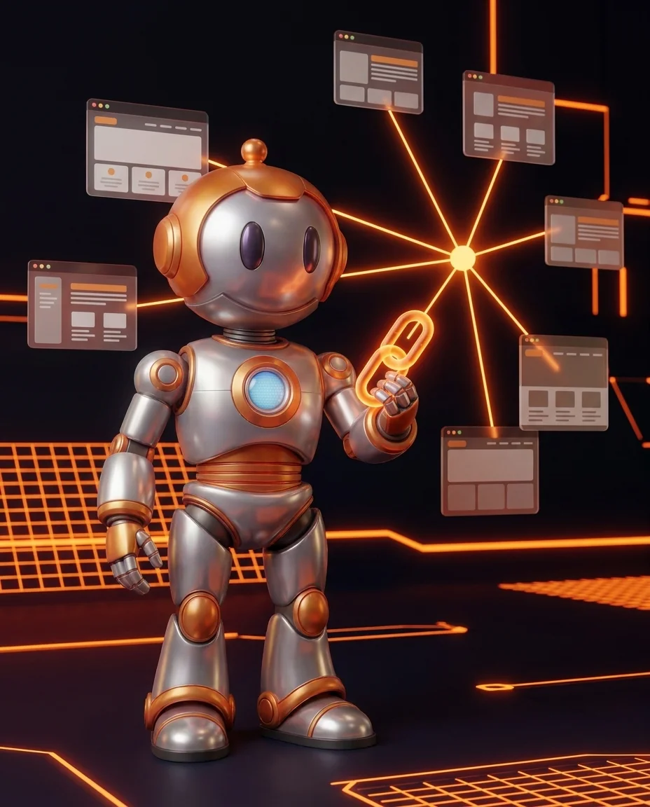 Backlinks aufbauen 2026: Roboter verbindet redaktionelle Webseiten zu einem Link-Netzwerk