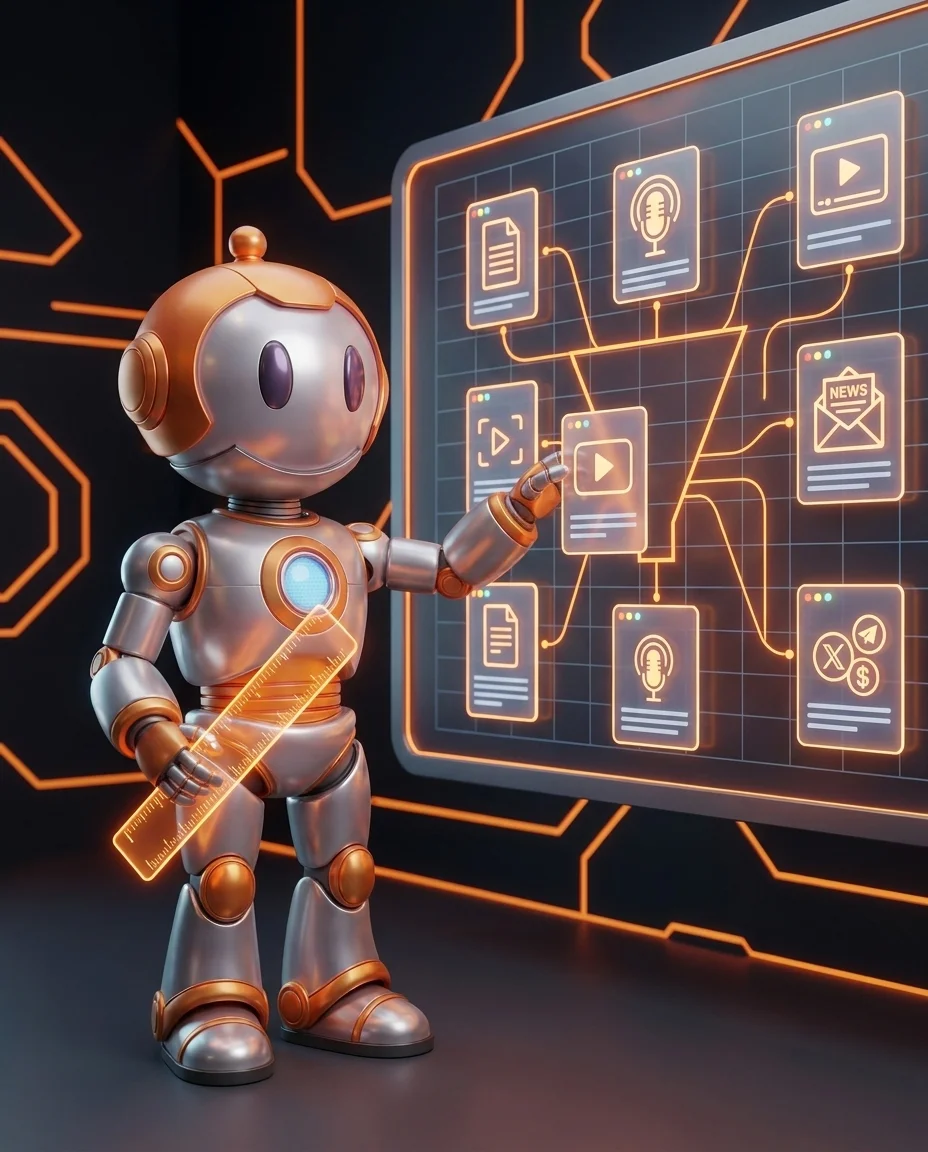 Roboter plant B2B Content-Marketing-Strategie an einem Redaktionsplan-Dashboard