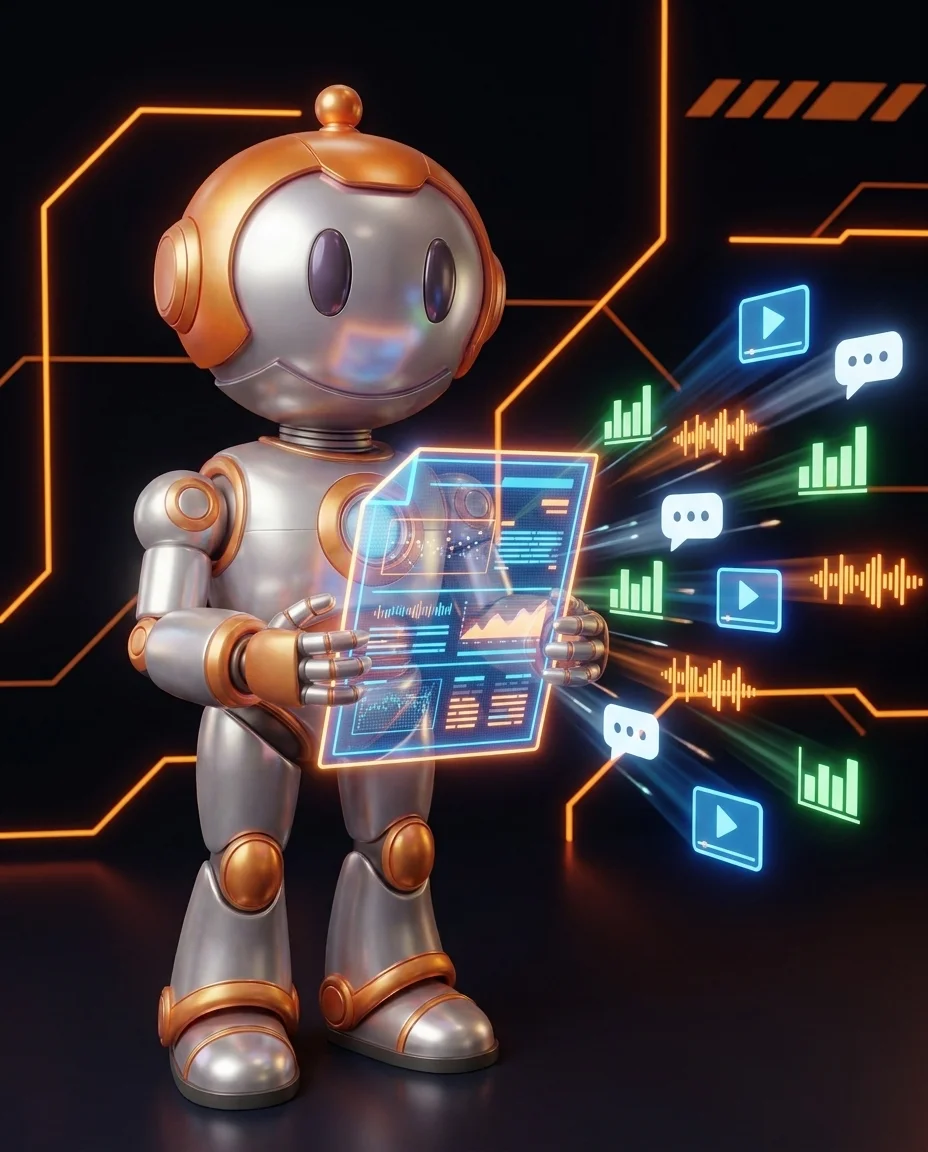 Roboter hält einen leuchtenden Beitrag, aus dem sich mehrere Content-Formate vervielfältigen, Sinnbild für Content Recycling