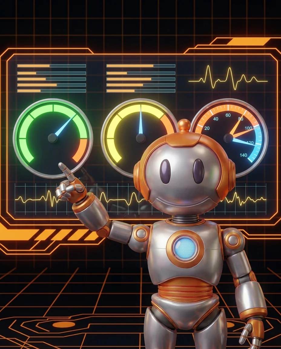 Roboter prüft Core Web Vitals Werte auf einem Performance-Dashboard mit LCP, INP und CLS