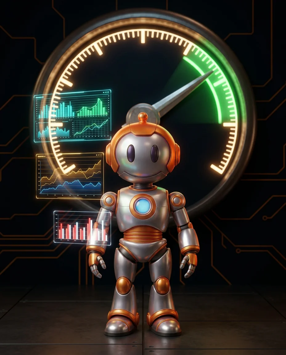 Core Web Vitals verbessern – Roboter analysiert LCP, INP und CLS Performance-Metriken auf einem Display