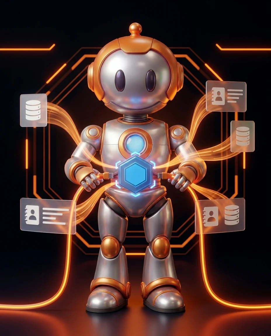CRM-Integration: Roboter verbindet getrennte Datensysteme zu einem synchronisierten Datenfluss zwischen CRM, ERP und Shop