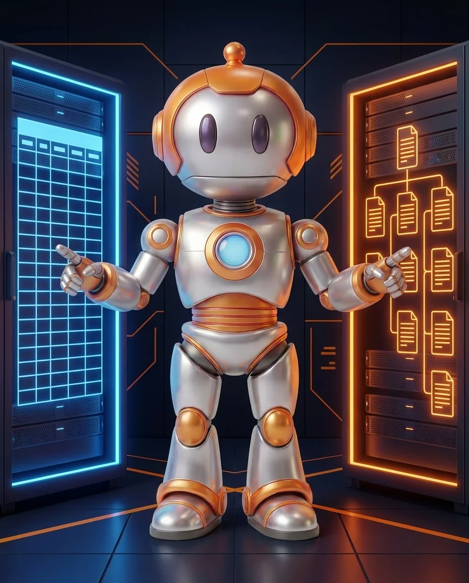 SQL vs NoSQL für Unternehmen: Roboter erklärt Datenbankarchitektur an zwei Servern