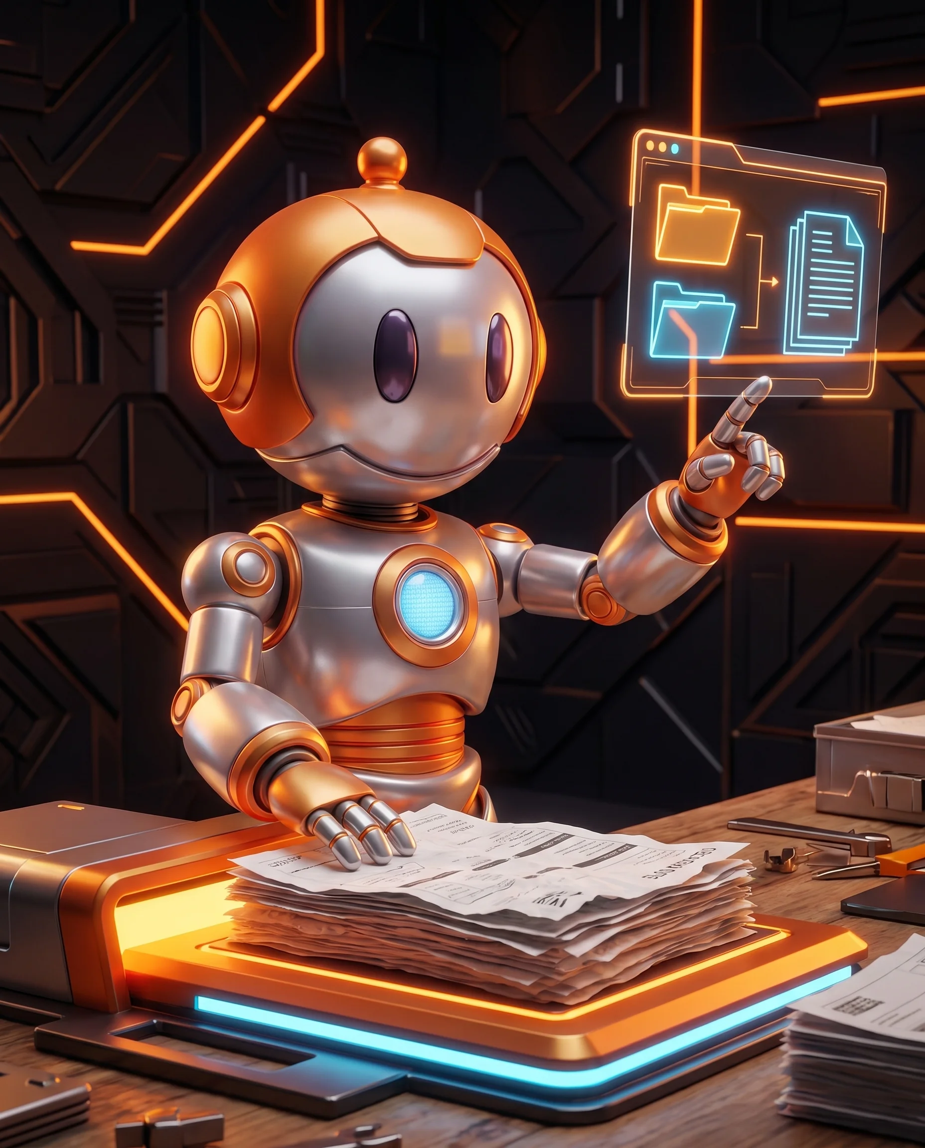 Roboter sortiert Zettel und Lieferscheine in digitale Ablage, Sinnbild Einstieg in die Digitalisierung im Handwerk