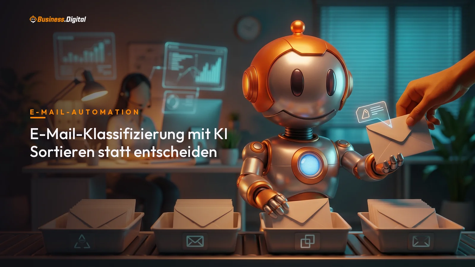 E-Mail Klassifizierung mit KI: Roboter sortiert eingehende Nachrichten nach Kategorie, Dringlichkeit und Kundennummer vor