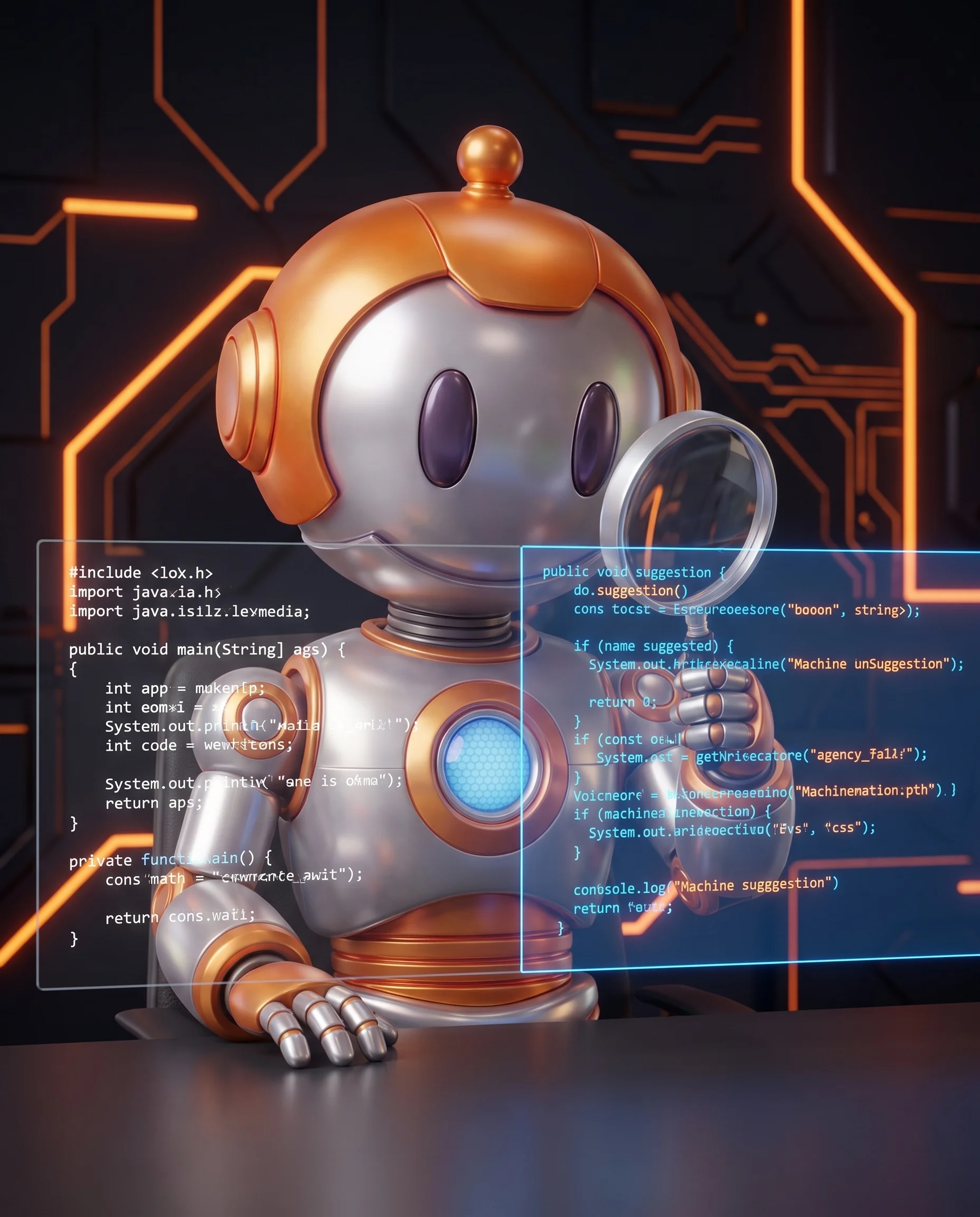 Roboter prüft KI-generierten Code mit Lupe auf geteiltem Bildschirm, Sinnbild zur Frage ersetzt KI Programmierer