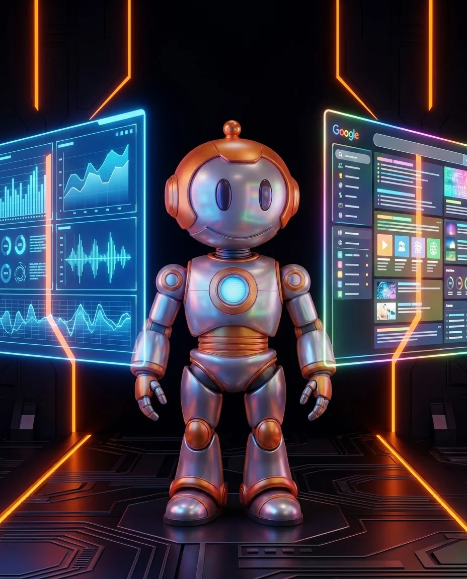 Roboter vergleicht Facebook Ads vs Google Ads zwischen zwei leuchtenden Werbe-Panels