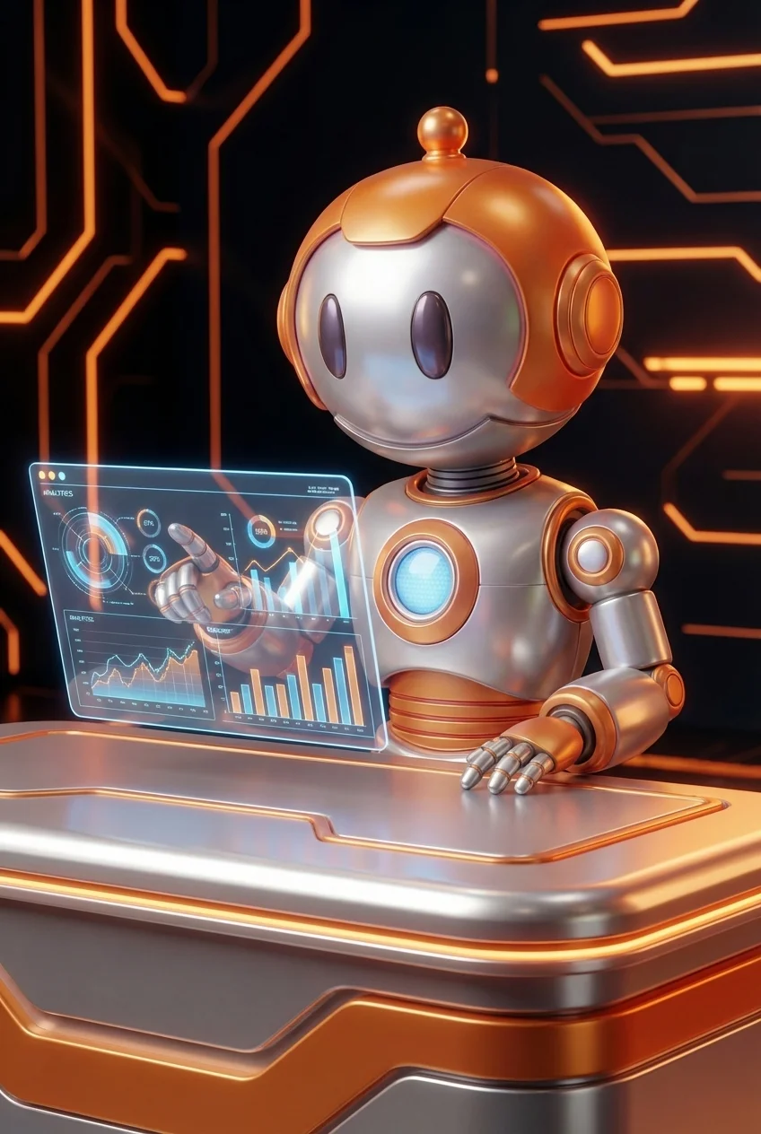 Roboter zeigt auf Google Ads Dashboard mit Budget-Diagrammen