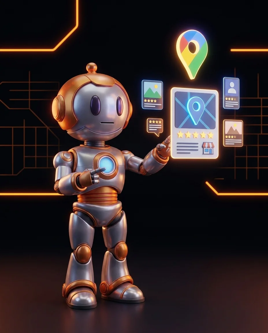 Google Business Profile optimieren: Roboter bearbeitet ein Unternehmensprofil mit Sternebewertungen und Maps-Anzeige