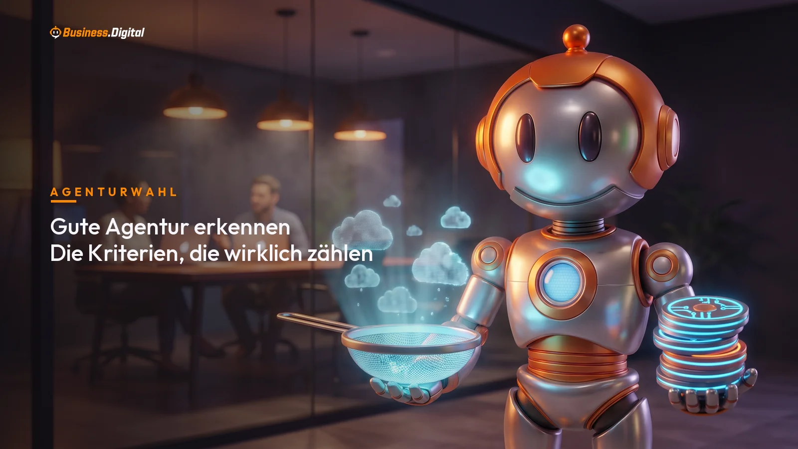 Roboter prüft Agenturangebote anhand harter Kriterien, Sinnbild gute Agentur erkennen vor der Beauftragung