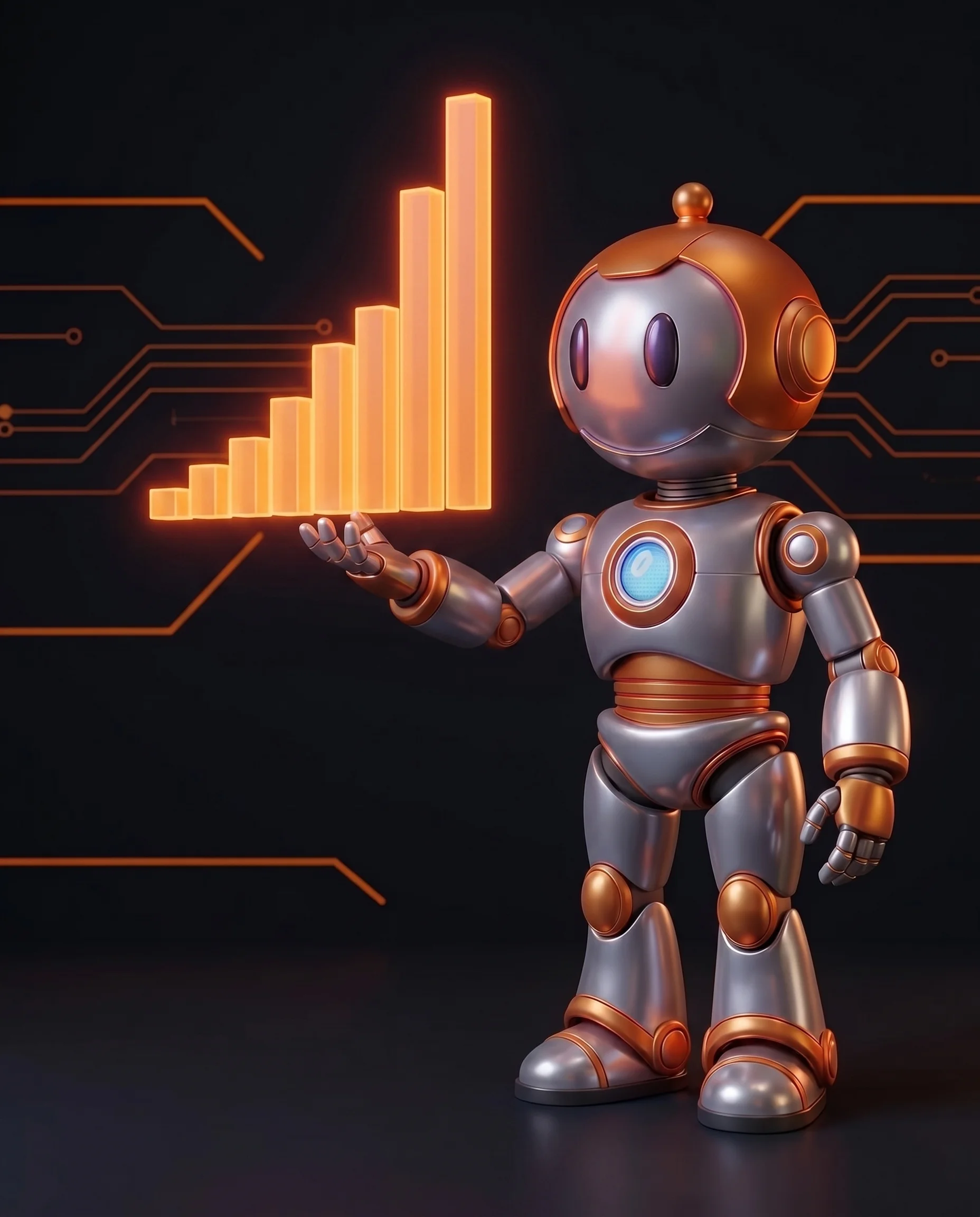 Roboter prüft steigende Kostenkurve einer Marketing-Software, Sinnbild HubSpot Alternative Eigenentwicklung