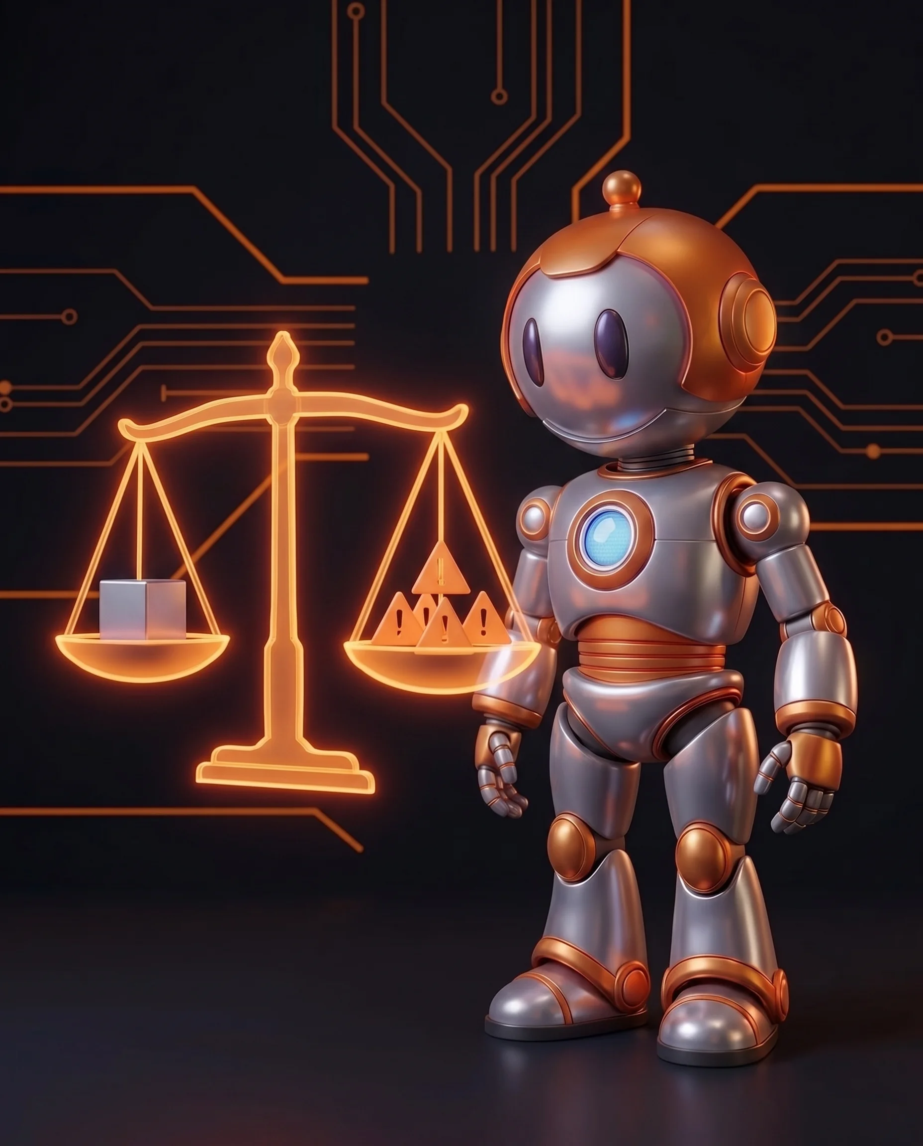 Roboter wiegt Individualsoftware Risiken auf einer Waage gegen Standardsoftware ab