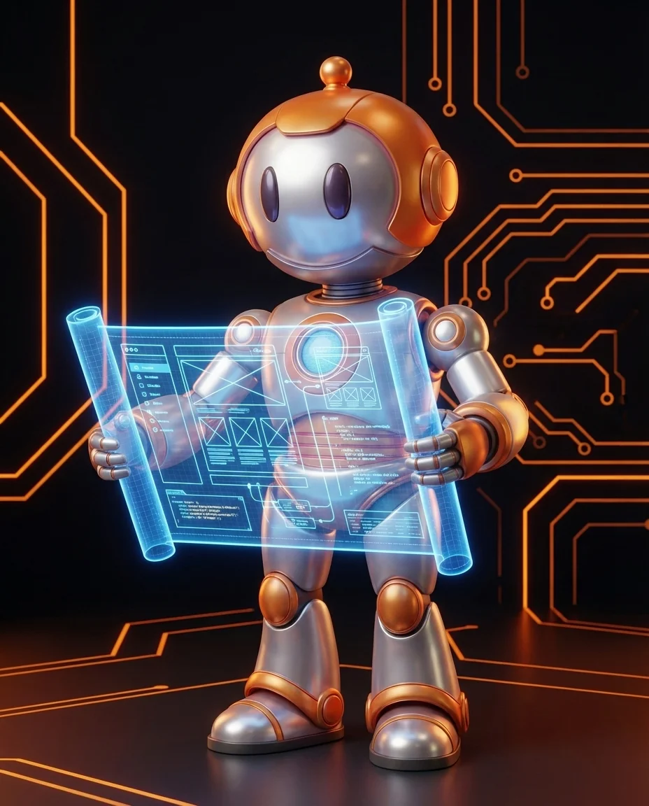 Roboter-Charakter hält ein Software-Blueprint, Illustration individuelle Softwareentwicklung