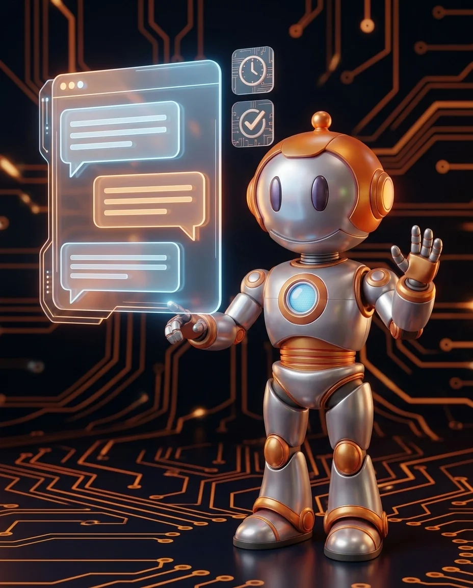 Roboter-Charakter mit Sprechblase und Chat-Interface, Illustration KI-Chatbot Unternehmen