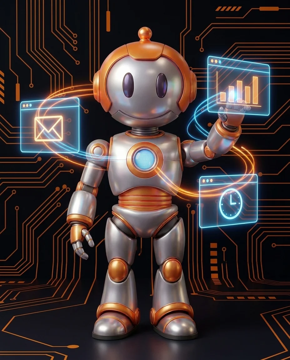 Roboter zeigt KI im E-Mail-Marketing: Betreffzeile, Segmente und optimalen Versandzeitpunkt auf Hologramm-Screens