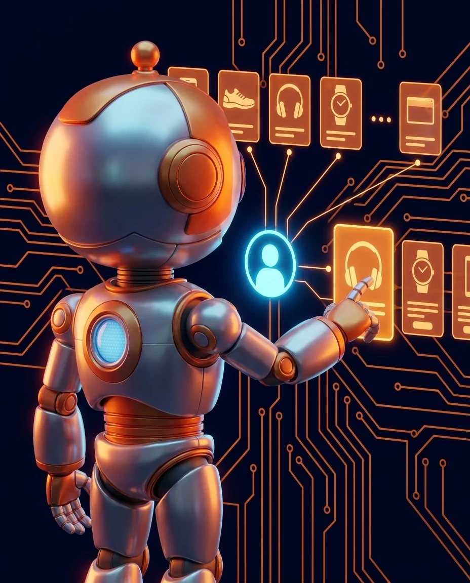 Roboter sortiert personalisierte Produktempfehlungen in einem Online-Shop nach Kundenprofil