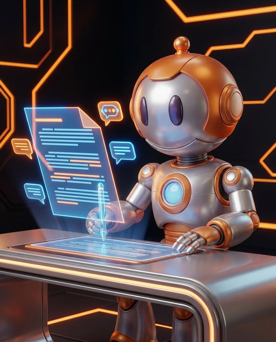 Roboter arbeitet an Texterstellung mit KI-Werkzeugen und Dokumenten im Büro-Setting