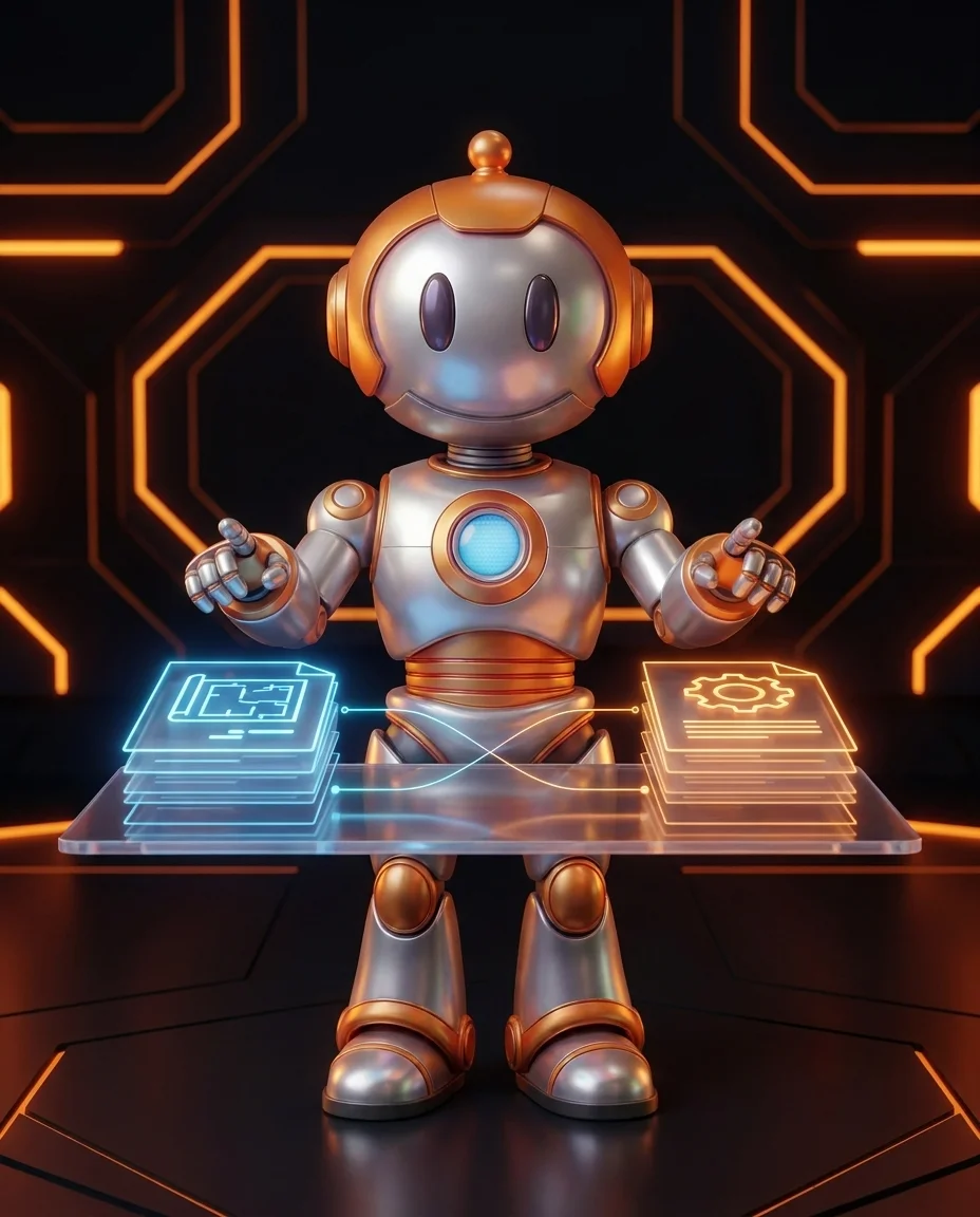 Roboter prüft Anforderungsdokument für Softwareprojekt mit Lastenheft und Pflichtenheft