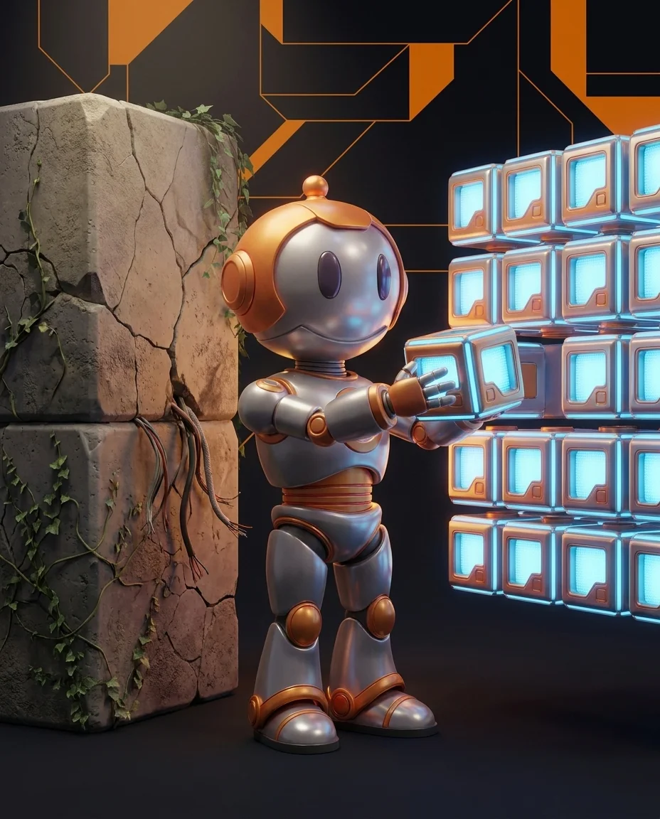 Legacy-Software modernisieren: Roboter überführt einen alten Codeblock in ein modernes Modulsystem