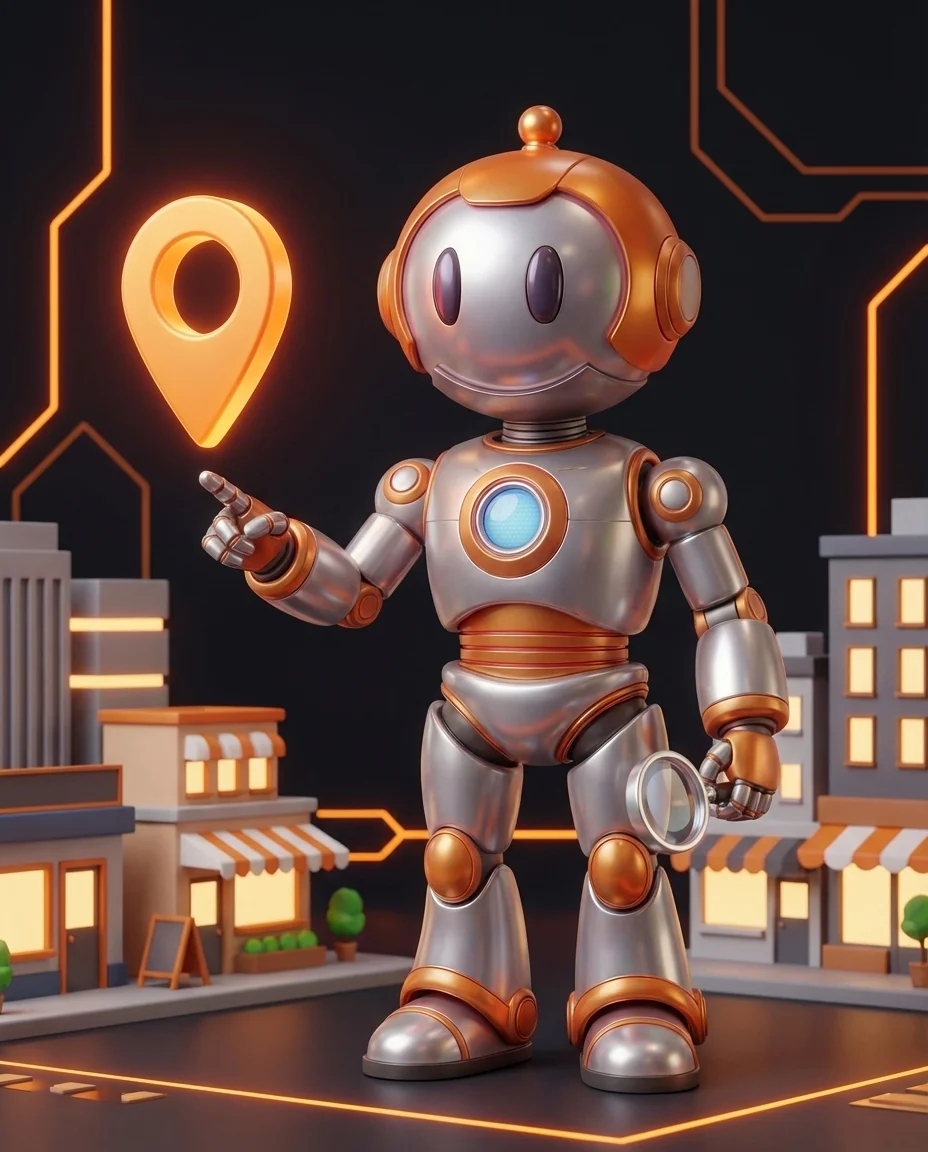 Local SEO für KMU: Roboter zeigt auf einen leuchtenden Standort-Pin