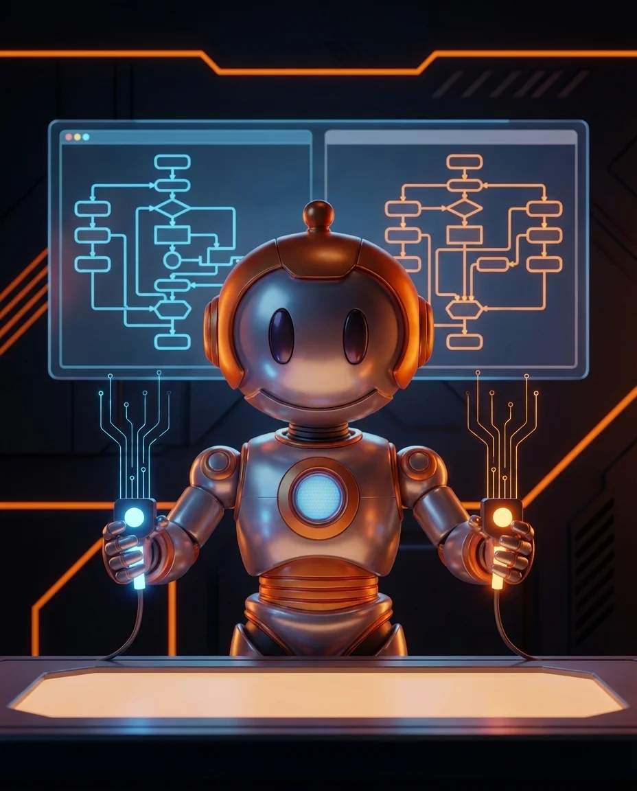 BD-Robot hält zwei leuchtende Knotenpunkte in den Händen, symbolisiert Vergleich zweier Automatisierungstools