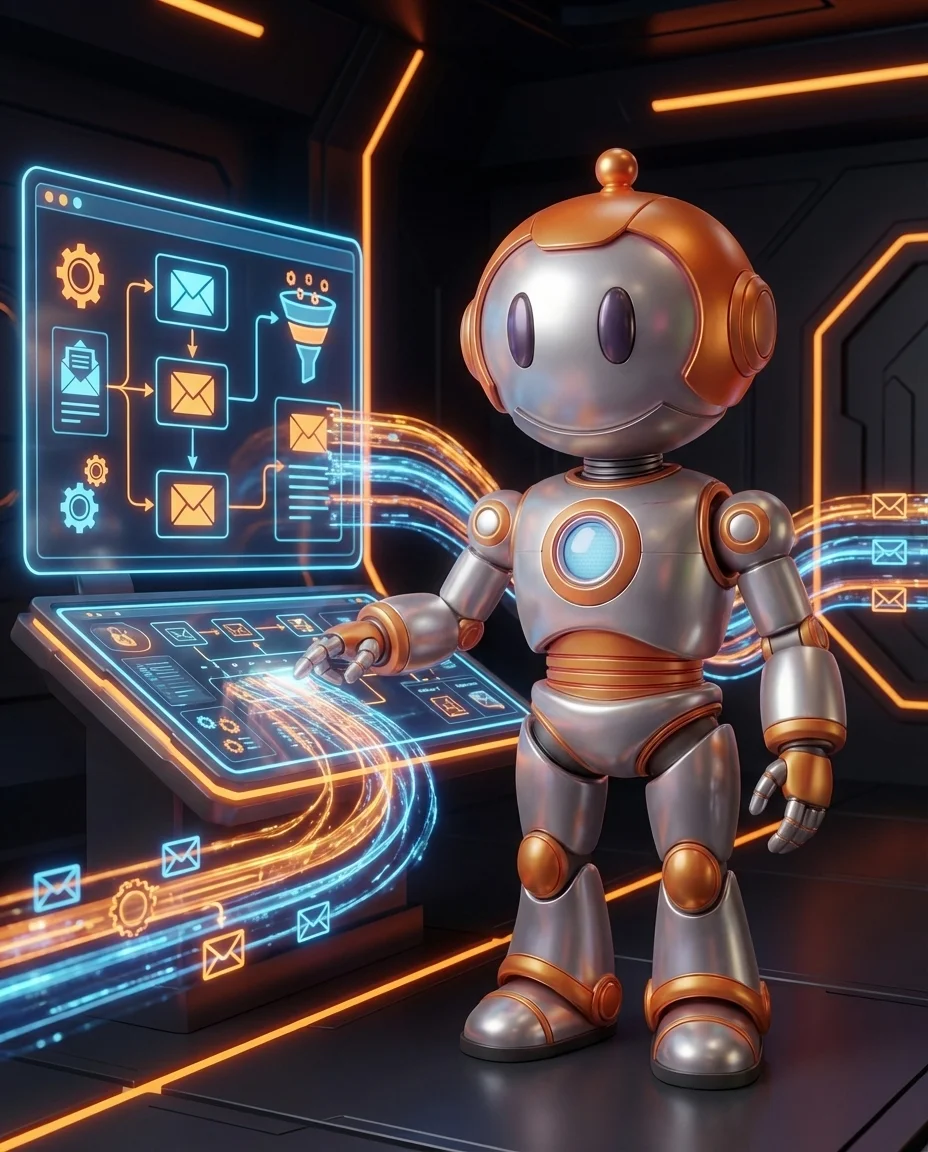 3D-Roboter steuert Marketing-Automation-Workflows auf einem Dashboard