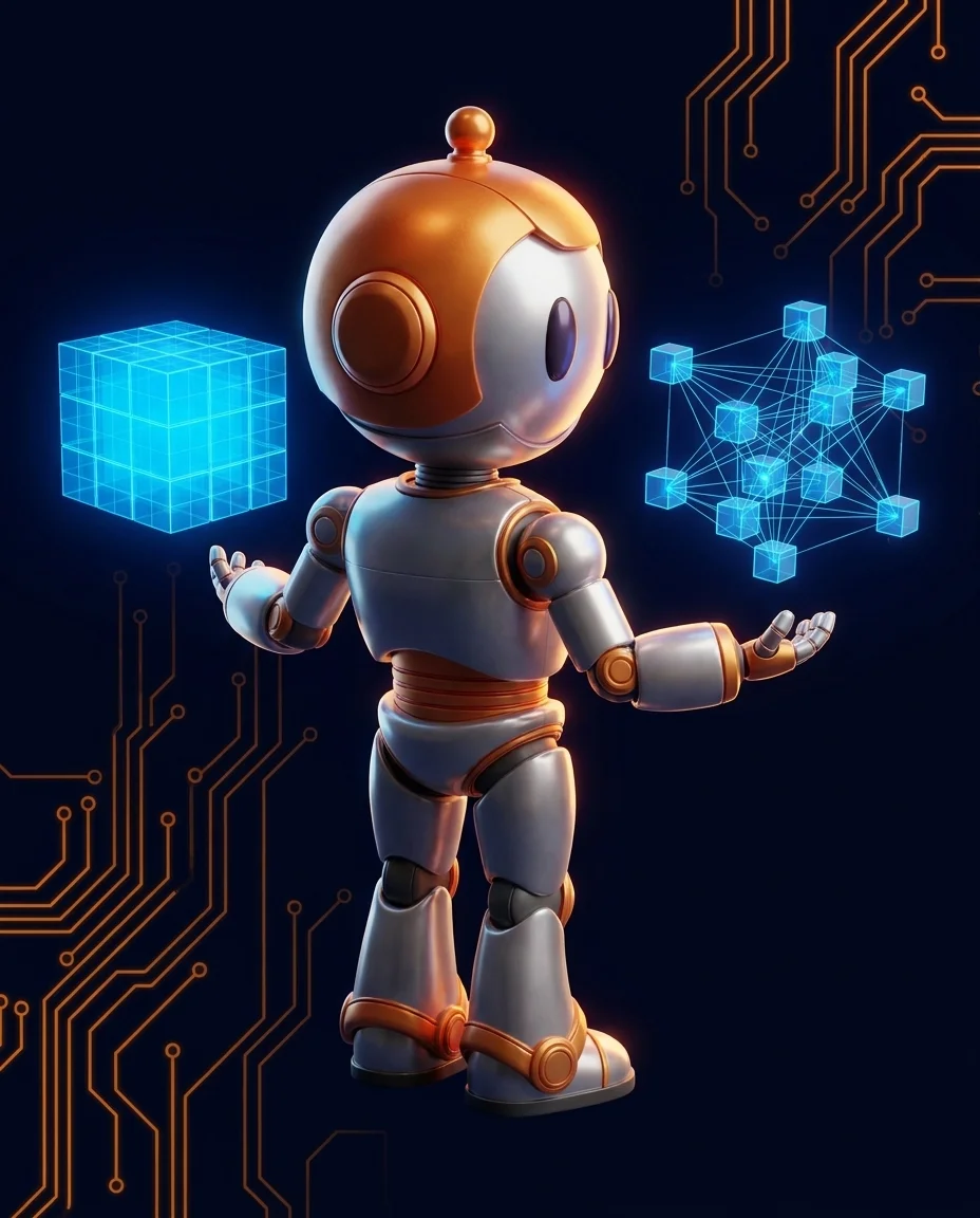 Roboter vergleicht Monolith- und Microservices-Architektur als Bauwerke nebeneinander