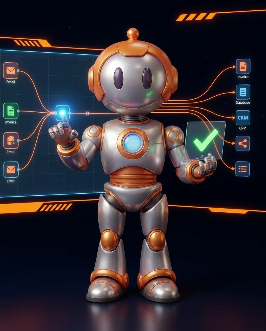 Roboter koordiniert n8n Workflows für den Mittelstand auf einem Prozess-Dashboard