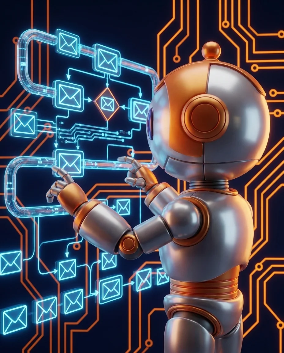 Roboter steuert automatisierte Newsletter-Sequenzen mit Welcome, Reaktivierung und Lead-Nurturing