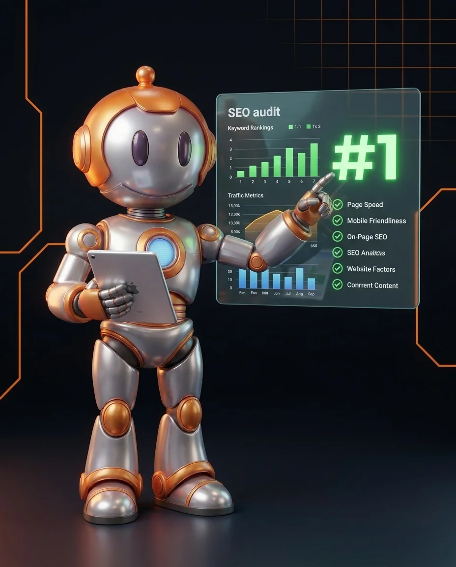 On-Page SEO Checkliste: Roboter prüft eine Website auf SEO-Faktoren