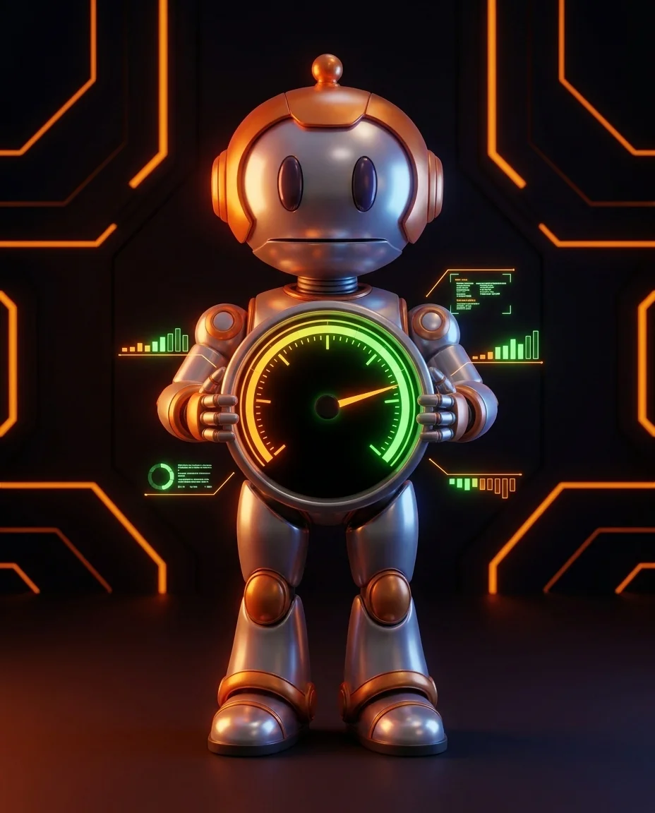 Roboter justiert eine Tachoanzeige im grünen Bereich, Sinnbild fuer Pagespeed verbessern