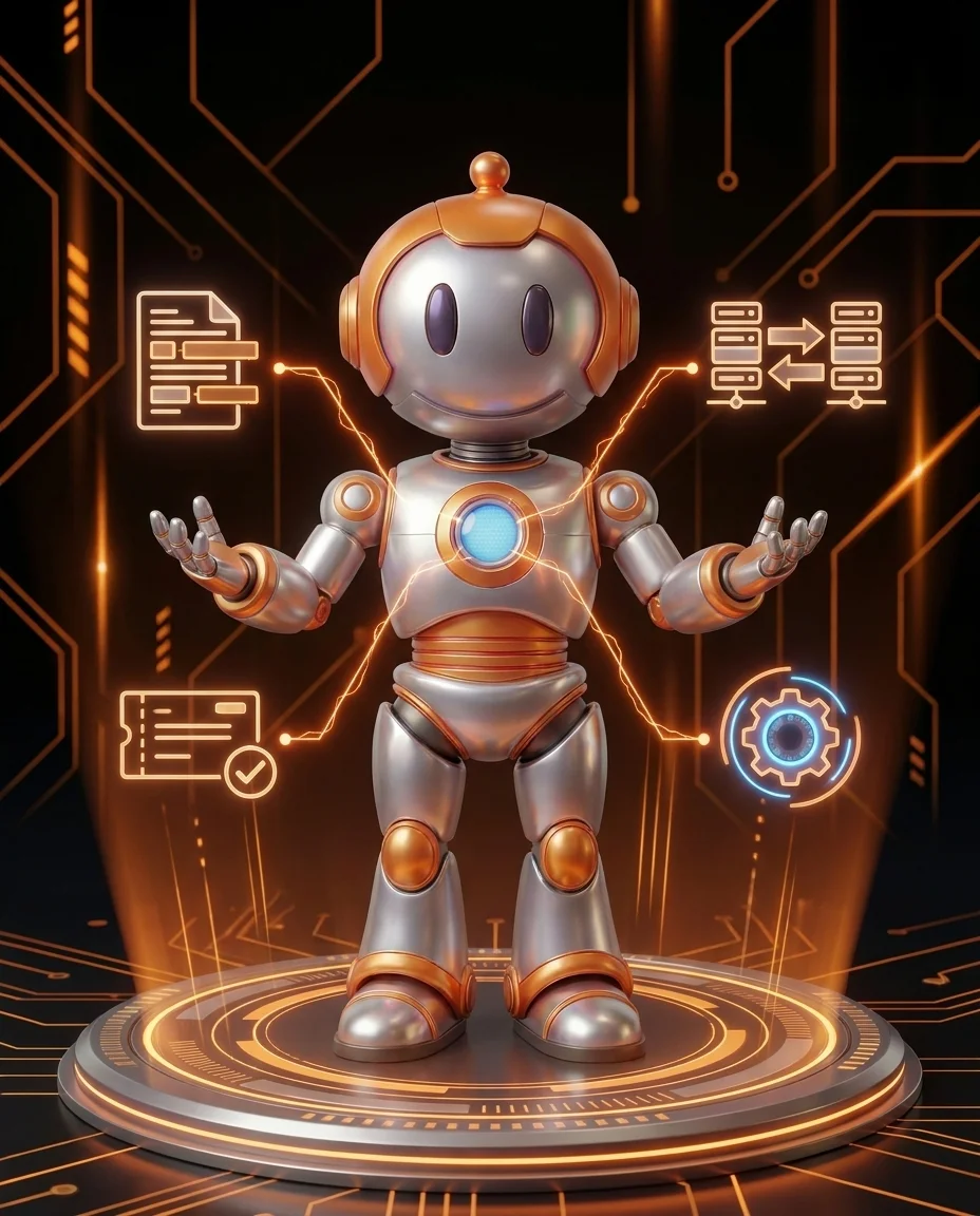 Roboter steuert KI-basierte Prozessautomatisierung auf einem Workflow-Dashboard