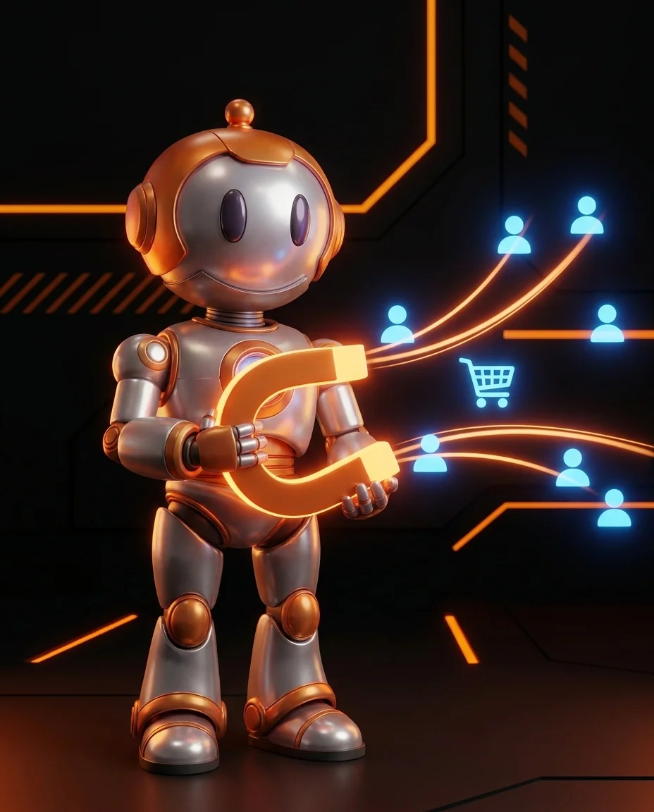 Retargeting-Strategien: Roboter zieht mit einem Magneten abgesprungene Website-Besucher als leuchtende Symbole zurück