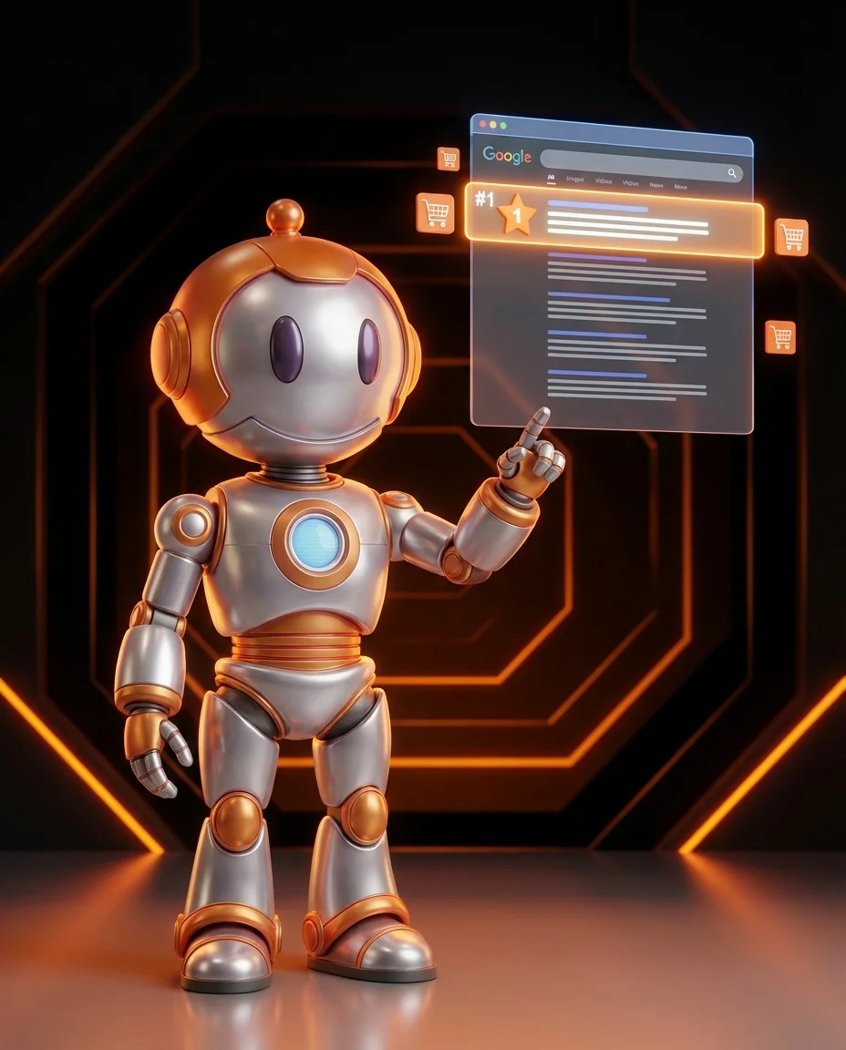 Roboter optimiert SEO-Rankings für einen Onlineshop auf einem Dashboard-Bildschirm