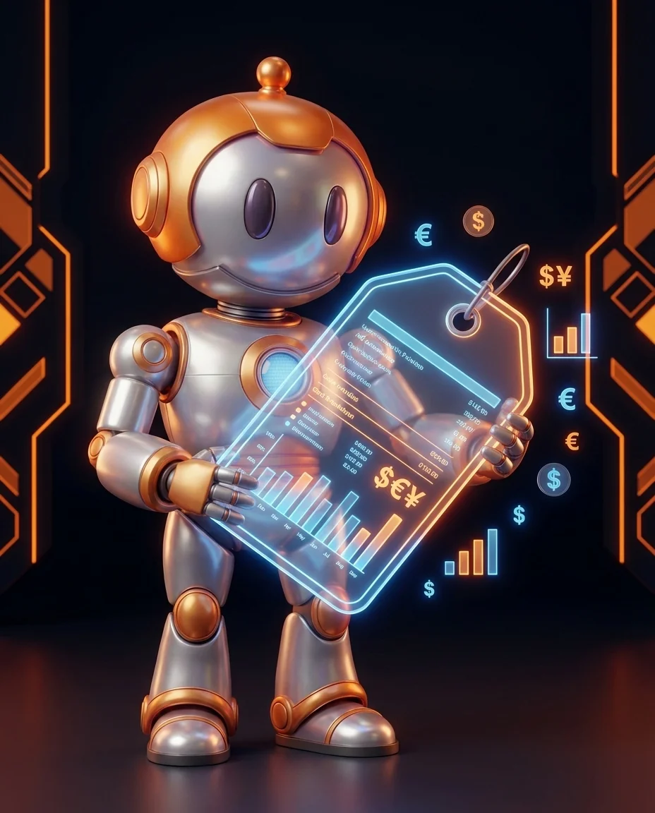 Roboter analysiert SEO-Preisdiagramme mit Kostentabellen auf einem Bildschirm