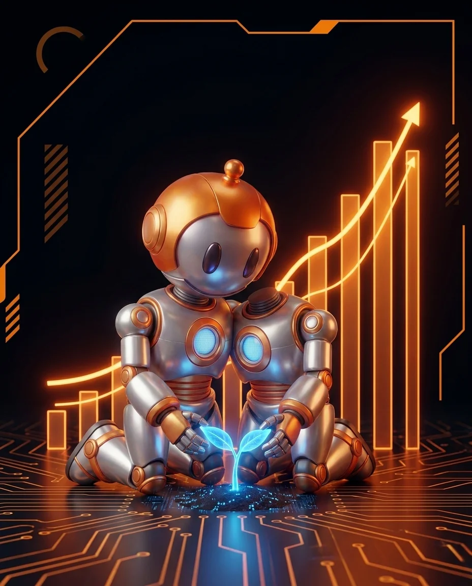 SEO für neue Website: Roboter pflanzt einen leuchtenden Sämling neben einer Wachstumskurve in den ersten 90 Tagen