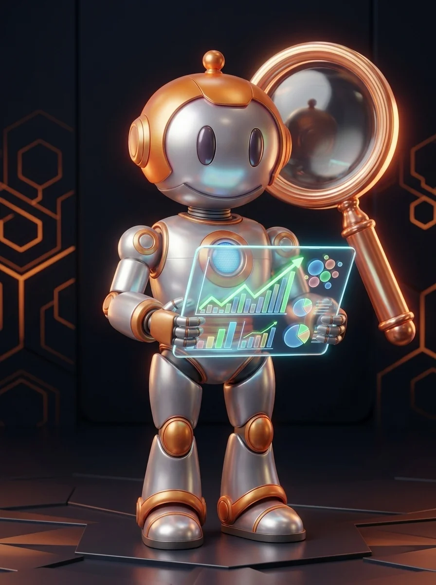 Roboter analysiert SEO-Daten eines Onlineshops auf einem Holographie-Display